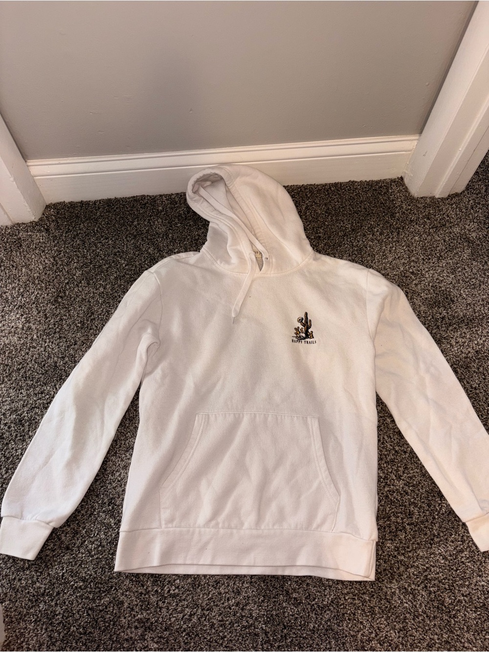 Happy Trails White Hoodie Sweatshirt with Small Cactus Logo - Men Sweater